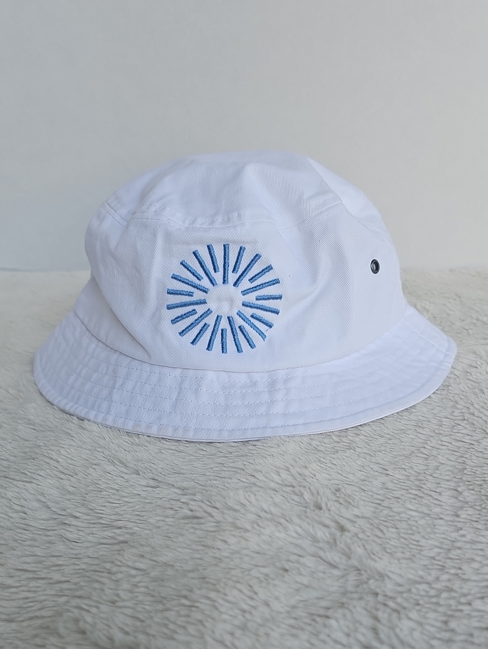 White Bucket Hat with Blue Sunburst Embroidery - Festival Summer Cap